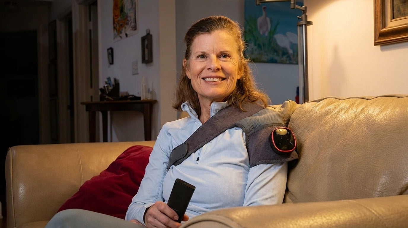 Shoulder Massager Pro strapped on, in use
