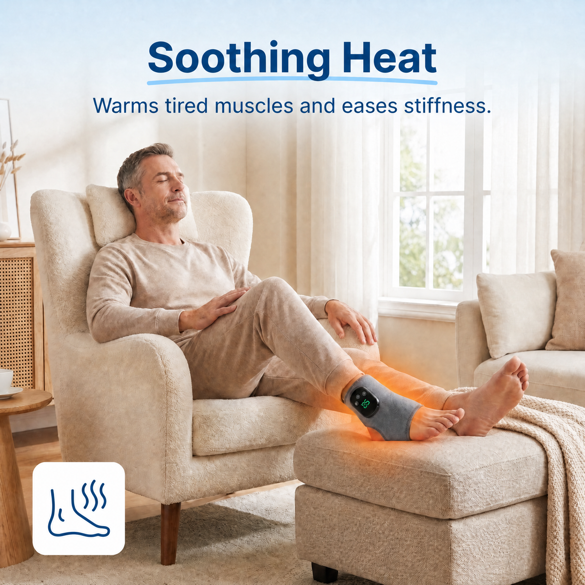 Soothing heat: man relaxing with the foot massager