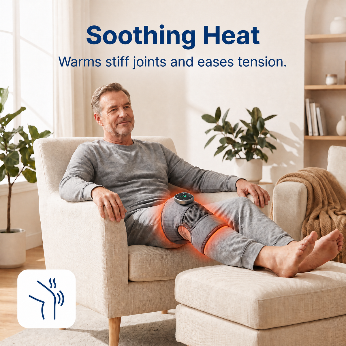 Soothing heat: man relaxing with the knee massager