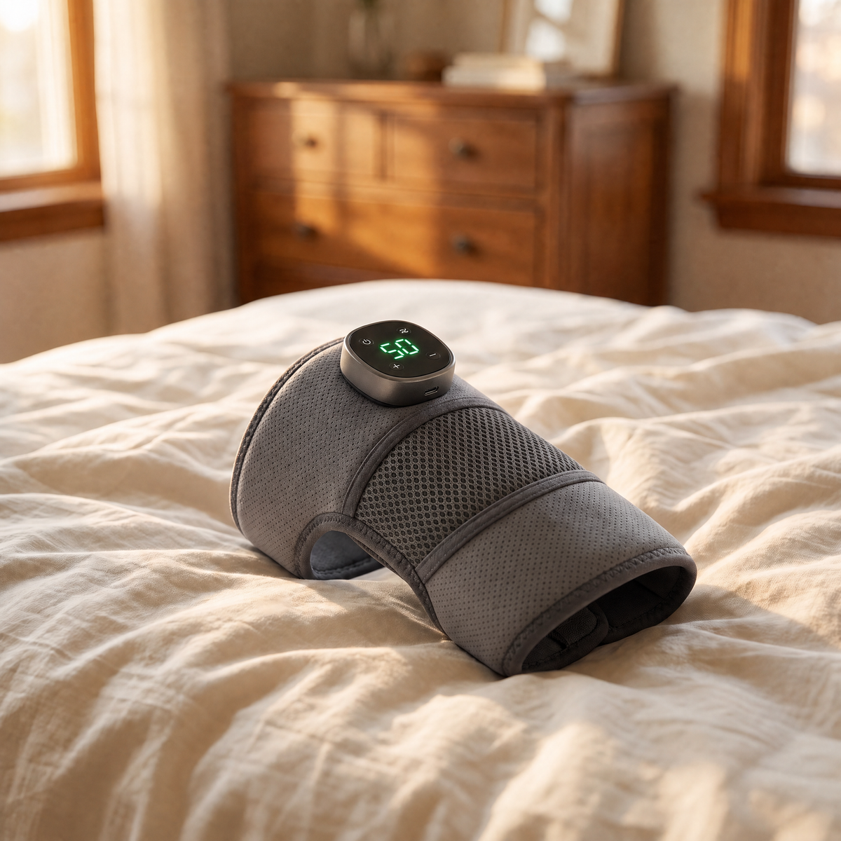Knee massager resting on a bed