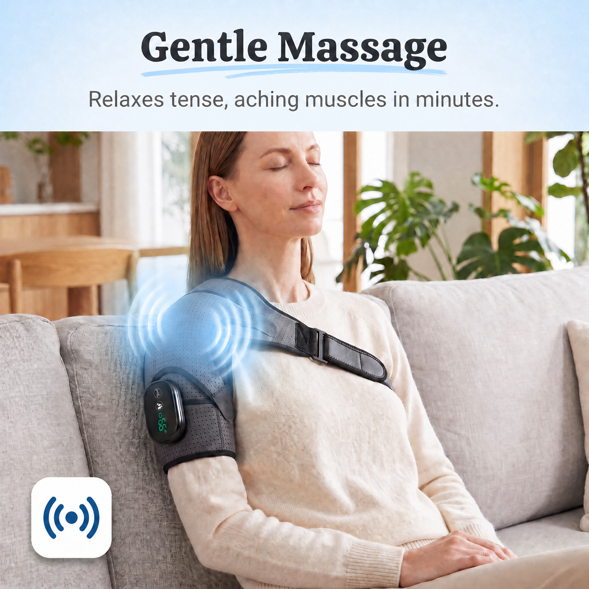 Gentle massage: woman relaxing with the shoulder massager
